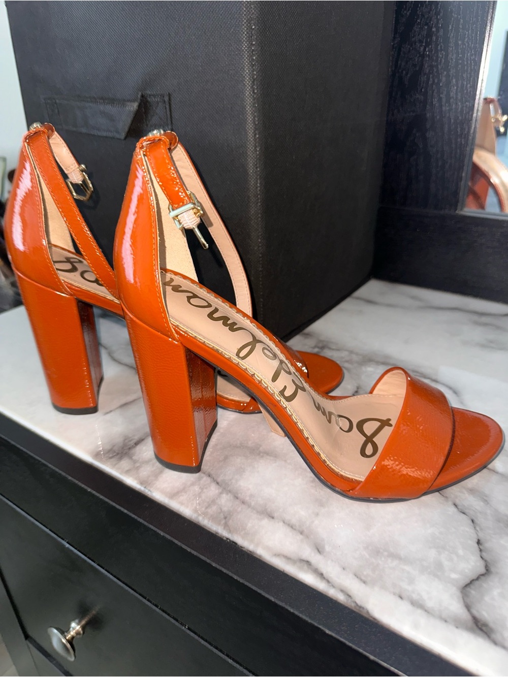 Sam Edelman Orange Patent Block Heel Sandals with Ankle Strap